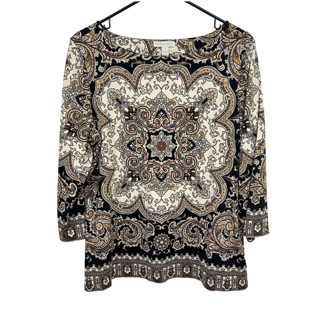 Paisley Medallion Knit Top L Black Cream Scarf Print Boho Old Money Equestrian